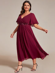 Plus Size V-Neck Chiffon Midi Wedding Guest Dress with Waist Applique