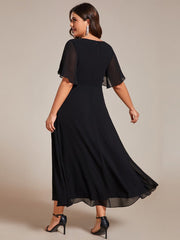 Plus Size V-Neck Chiffon Midi Wedding Guest Dress with Waist Applique