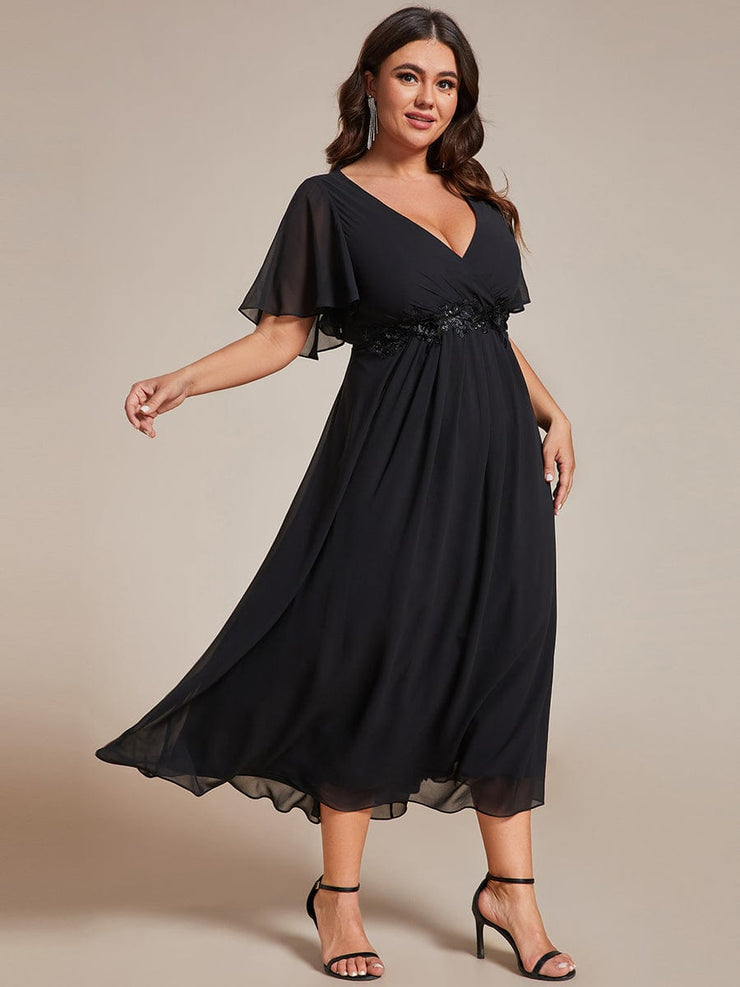 Plus Size V-Neck Chiffon Midi Wedding Guest Dress with Waist Applique