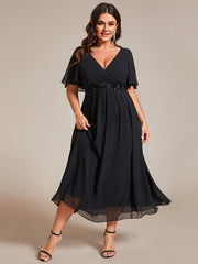 Plus Size V-Neck Chiffon Midi Wedding Guest Dress with Waist Applique