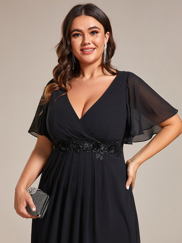 Plus Size V-Neck Chiffon Midi Wedding Guest Dress with Waist Applique