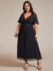 Plus Size V-Neck Chiffon Midi Wedding Guest Dress with Waist Applique