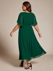 Plus Size V-Neck Chiffon Midi Wedding Guest Dress with Waist Applique