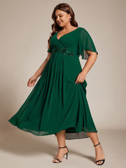 Plus Size V-Neck Chiffon Midi Wedding Guest Dress with Waist Applique