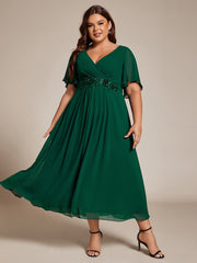 Plus Size V-Neck Chiffon Midi Wedding Guest Dress with Waist Applique