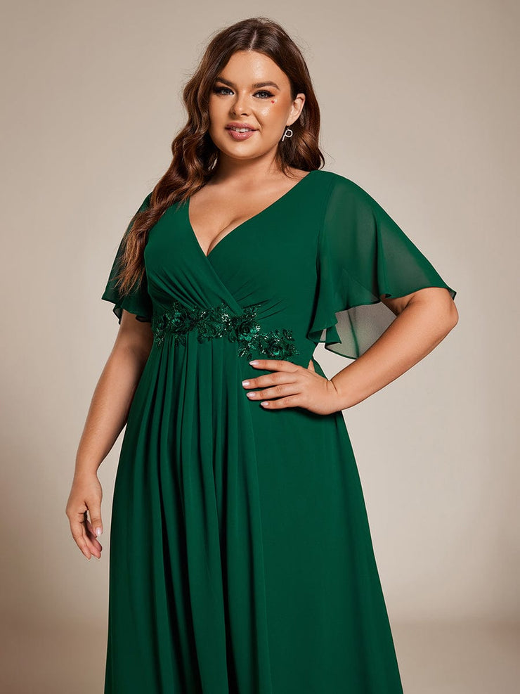 Plus Size V-Neck Chiffon Midi Wedding Guest Dress with Waist Applique