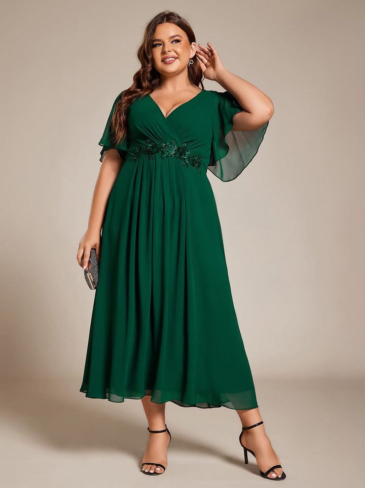 Plus Size V-Neck Chiffon Midi Wedding Guest Dress with Waist Applique