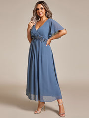 Plus Size V-Neck Chiffon Midi Wedding Guest Dress with Waist Applique