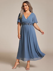 Plus Size V-Neck Chiffon Midi Wedding Guest Dress with Waist Applique