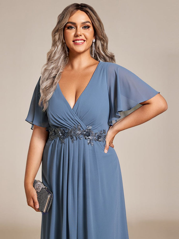 Plus Size V-Neck Chiffon Midi Wedding Guest Dress with Waist Applique