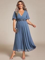 Plus Size V-Neck Chiffon Midi Wedding Guest Dress with Waist Applique