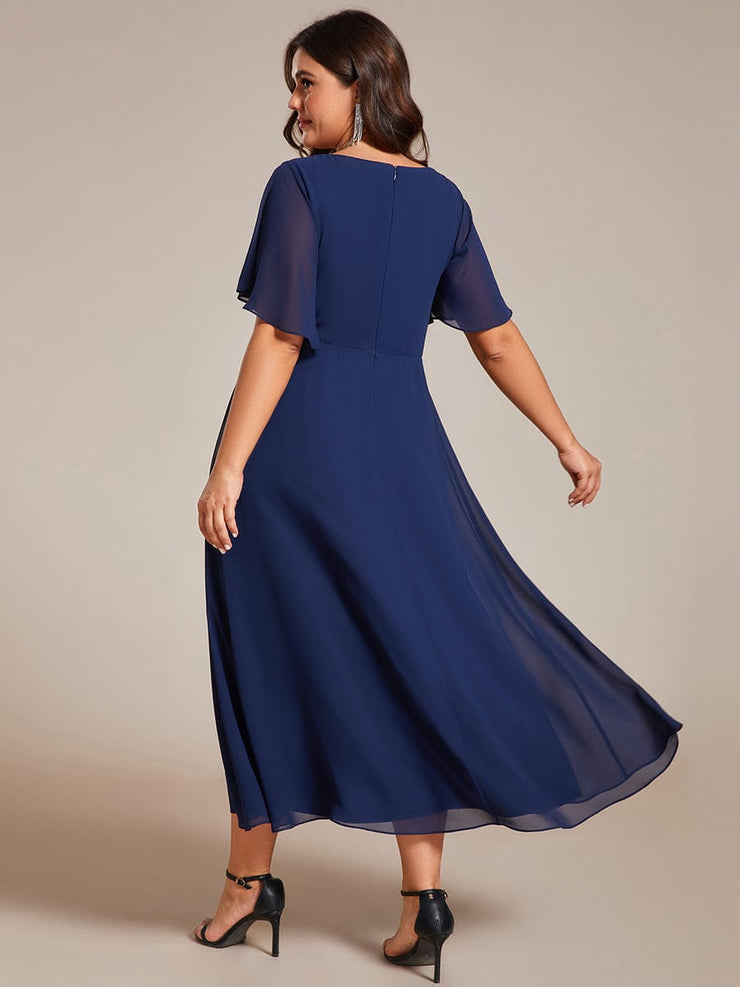 Plus Size V-Neck Chiffon Midi Wedding Guest Dress with Waist Applique