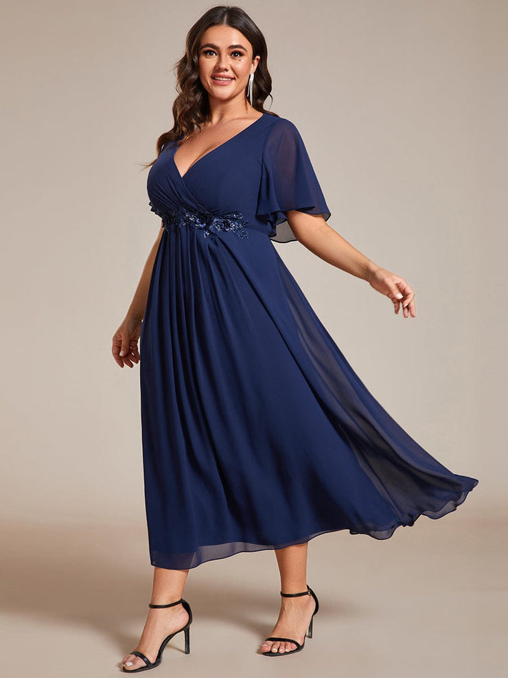 Plus Size V-Neck Chiffon Midi Wedding Guest Dress with Waist Applique