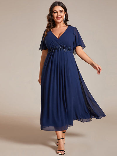 Plus Size V-Neck Chiffon Midi Wedding Guest Dress with Waist Applique