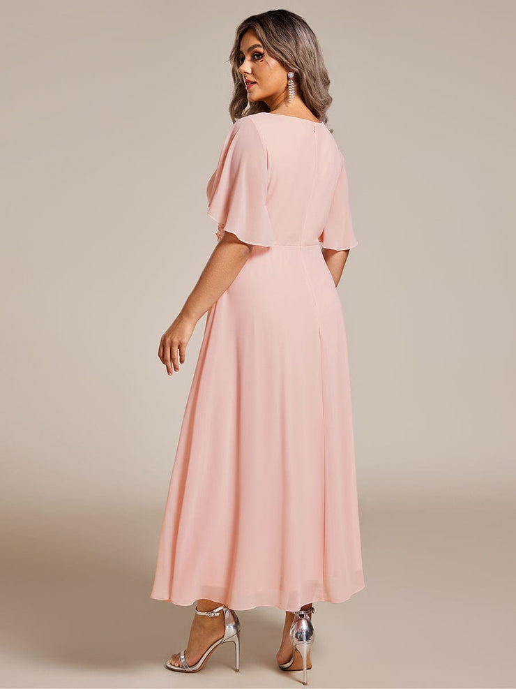 Plus Size V-Neck Chiffon Midi Wedding Guest Dress with Waist Applique