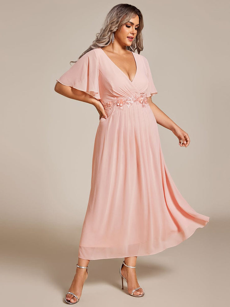 Plus Size V-Neck Chiffon Midi Wedding Guest Dress with Waist Applique