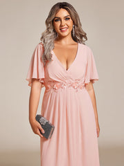 Plus Size V-Neck Chiffon Midi Wedding Guest Dress with Waist Applique