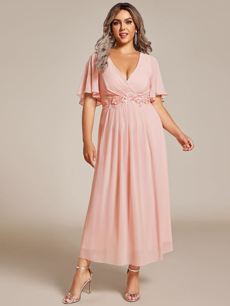 Plus Size V-Neck Chiffon Midi Wedding Guest Dress with Waist Applique