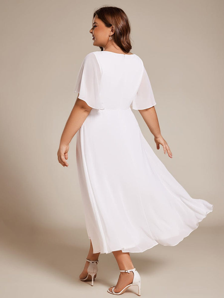 Plus Size V-Neck Chiffon Midi Wedding Guest Dress with Waist Applique