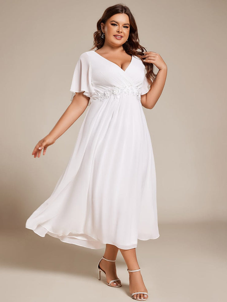 Plus Size V-Neck Chiffon Midi Wedding Guest Dress with Waist Applique