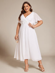 Plus Size V-Neck Chiffon Midi Wedding Guest Dress with Waist Applique