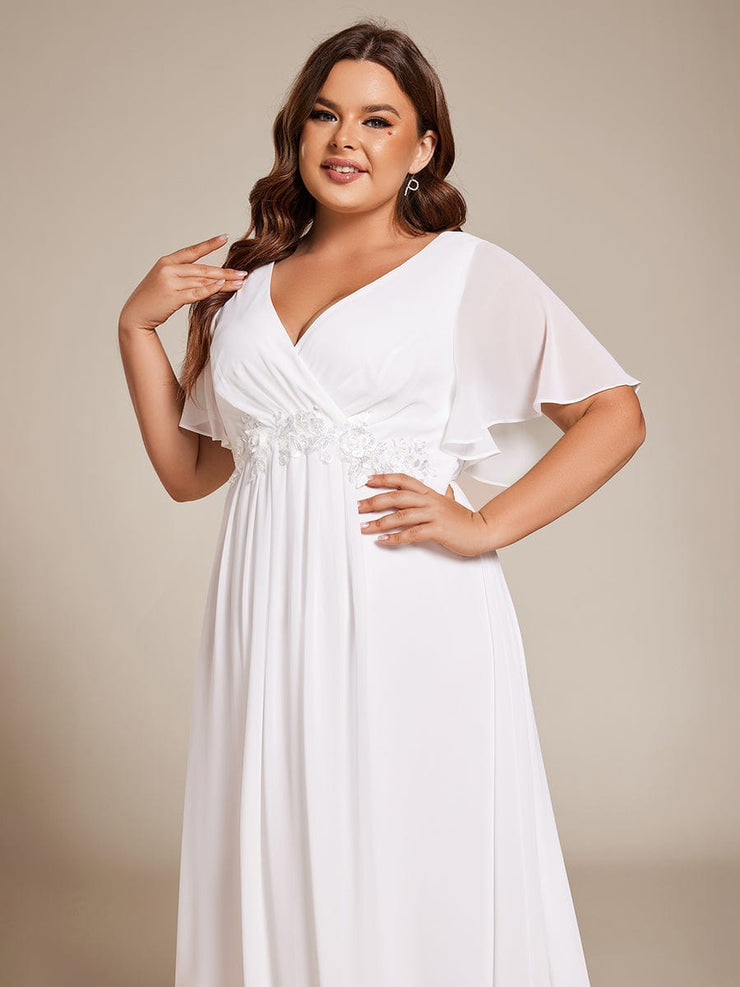 Plus Size V-Neck Chiffon Midi Wedding Guest Dress with Waist Applique