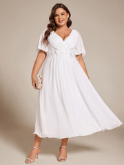 Plus Size V-Neck Chiffon Midi Wedding Guest Dress with Waist Applique