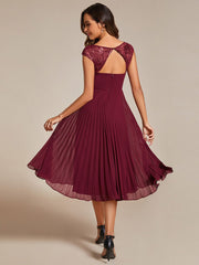 Cap Sleeves Chiffon A-Line Wedding Guest Dress with Pleats and Round Neckline