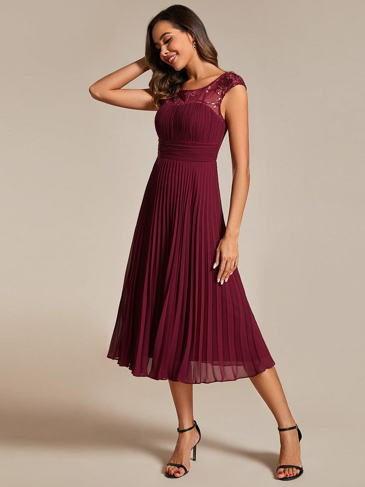 Cap Sleeves Chiffon A-Line Wedding Guest Dress with Pleats and Round Neckline