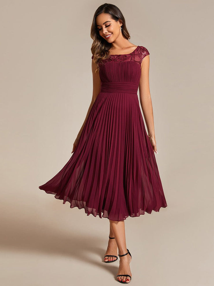 Cap Sleeves Chiffon A-Line Wedding Guest Dress with Pleats and Round Neckline