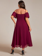 Plus Size Off-Shoulder High-Low Chiffon Wedding Guest Dresses with Short Sleeves