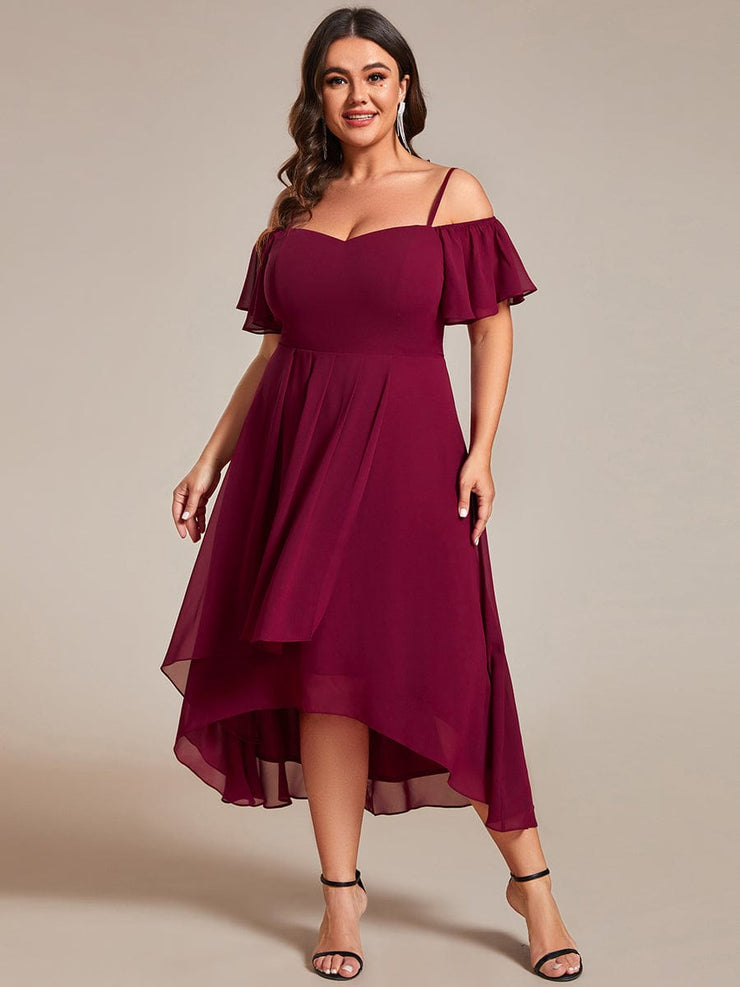 Plus Size Off-Shoulder High-Low Chiffon Wedding Guest Dresses with Short Sleeves