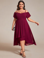 Plus Size Off-Shoulder High-Low Chiffon Wedding Guest Dresses with Short Sleeves