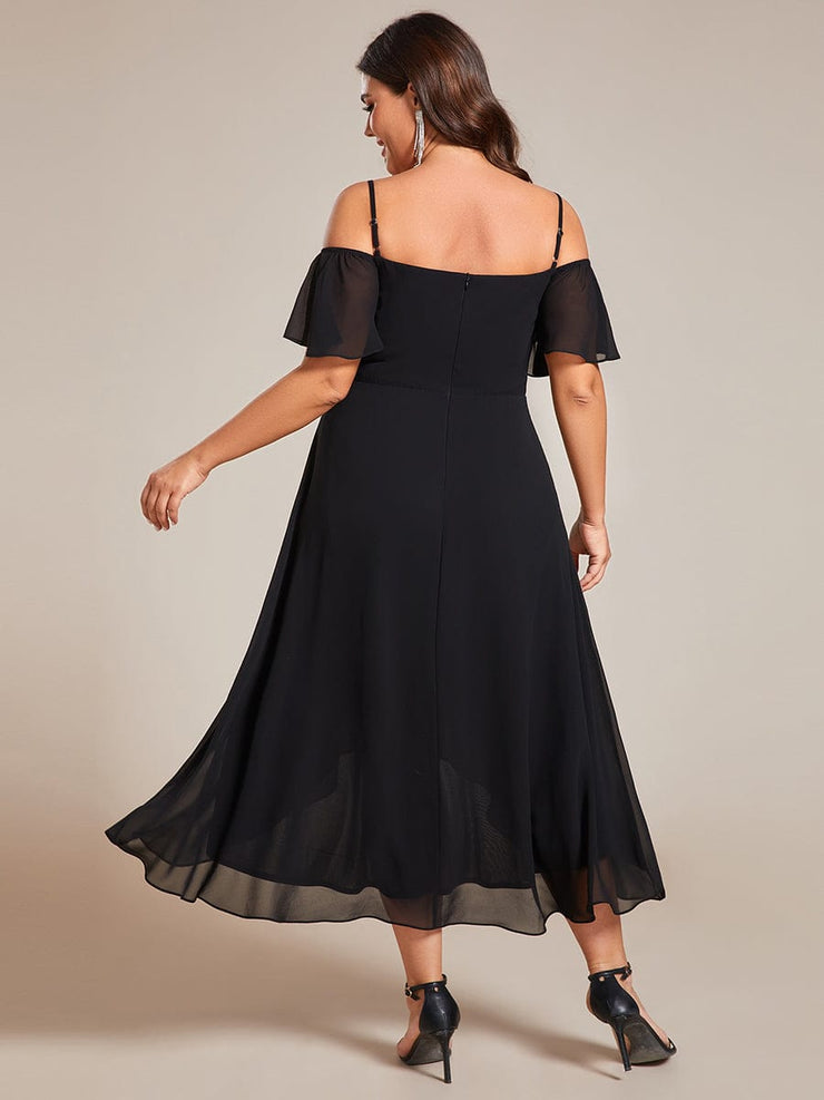 Plus Size Off-Shoulder High-Low Chiffon Wedding Guest Dresses with Short Sleeves