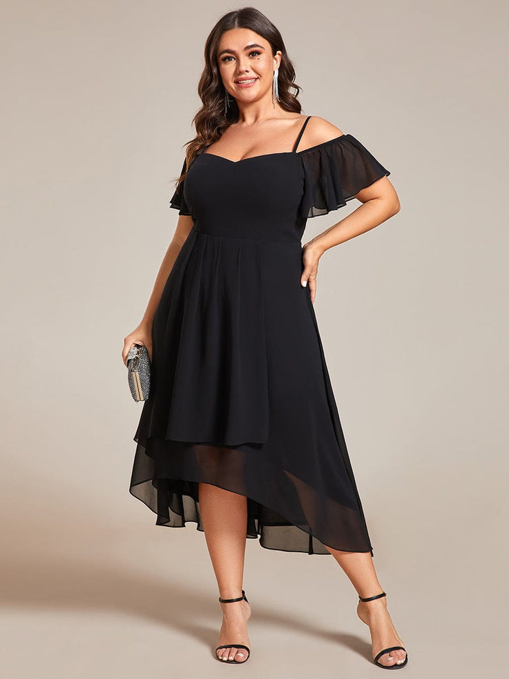 Plus Size Off-Shoulder High-Low Chiffon Wedding Guest Dresses with Short Sleeves