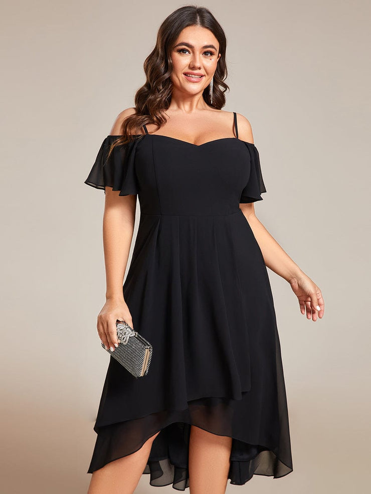 Plus Size Off-Shoulder High-Low Chiffon Wedding Guest Dresses with Short Sleeves