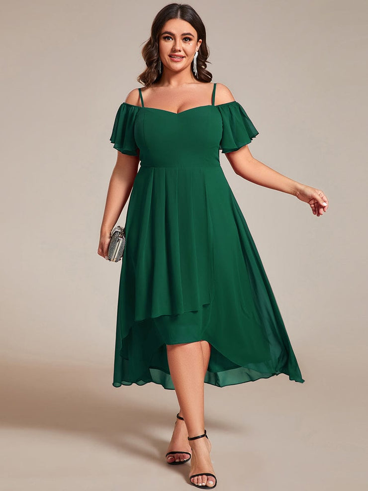 Plus Size Off-Shoulder High-Low Chiffon Wedding Guest Dresses with Short Sleeves