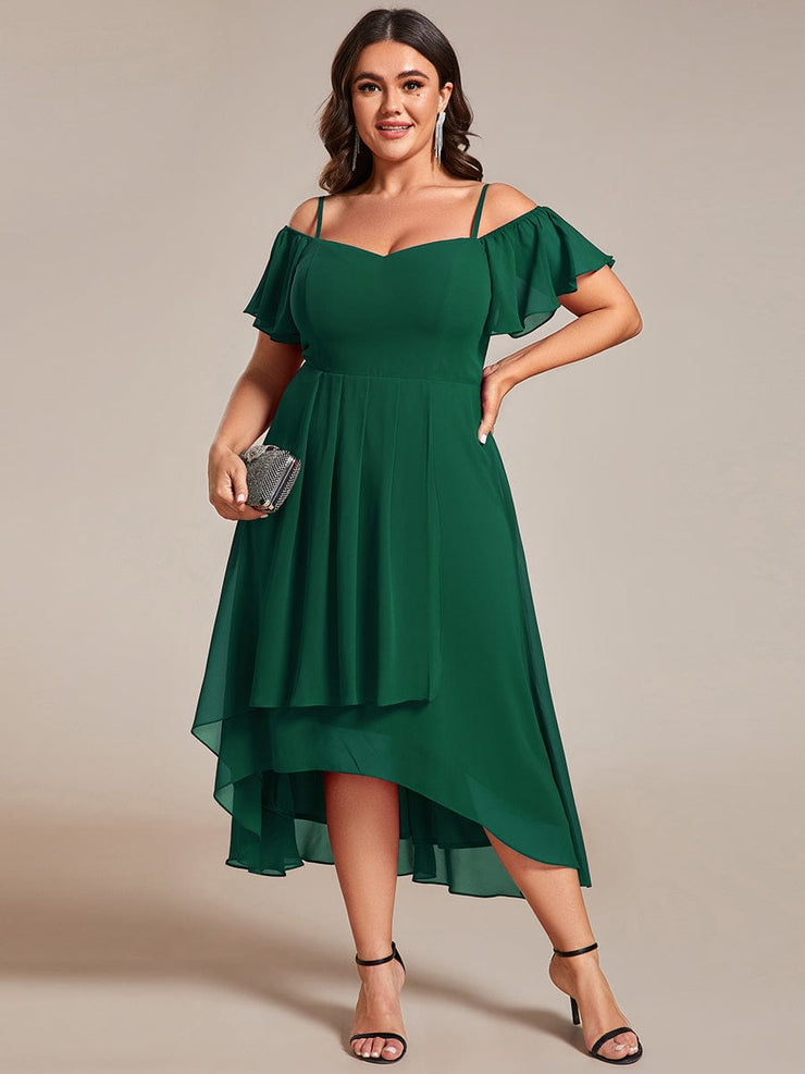 Plus Size Off-Shoulder High-Low Chiffon Wedding Guest Dresses with Short Sleeves