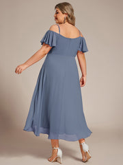 Plus Size Off-Shoulder High-Low Chiffon Wedding Guest Dresses with Short Sleeves