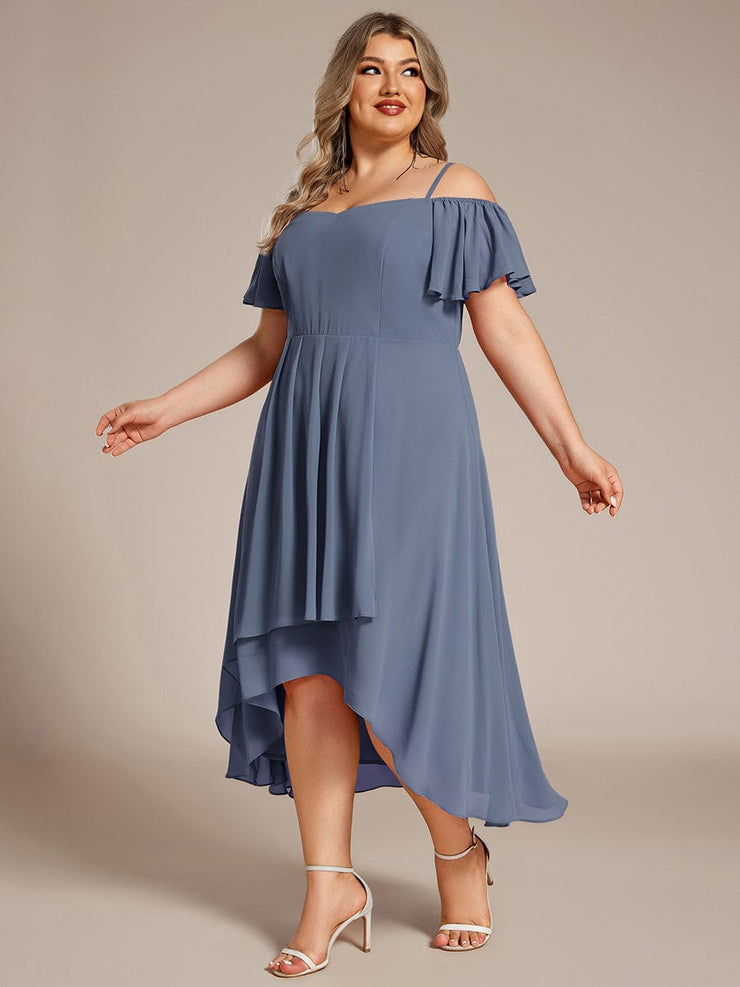 Plus Size Off-Shoulder High-Low Chiffon Wedding Guest Dresses with Short Sleeves