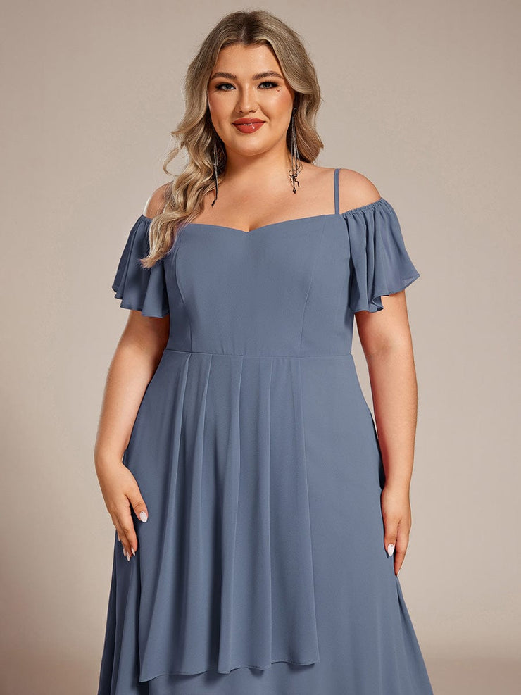 Plus Size Off-Shoulder High-Low Chiffon Wedding Guest Dresses with Short Sleeves