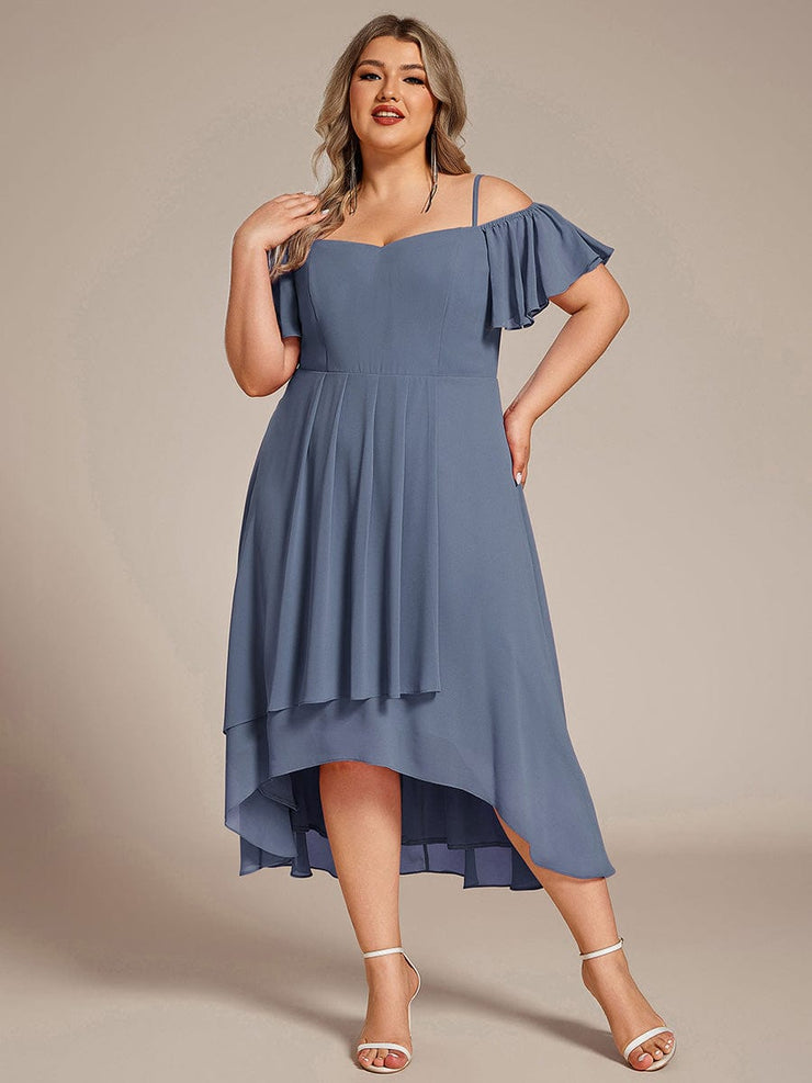 Plus Size Off-Shoulder High-Low Chiffon Wedding Guest Dresses with Short Sleeves