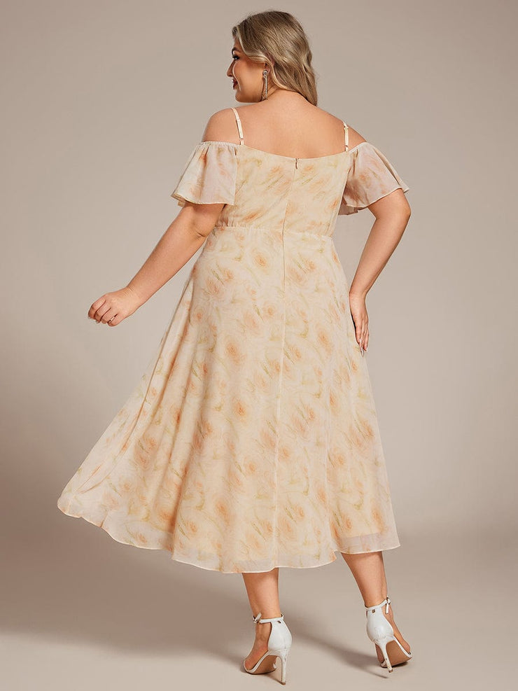 Plus Size Off-Shoulder High-Low Chiffon Wedding Guest Dresses with Short Sleeves