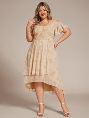 Plus Size Off-Shoulder High-Low Chiffon Wedding Guest Dresses with Short Sleeves