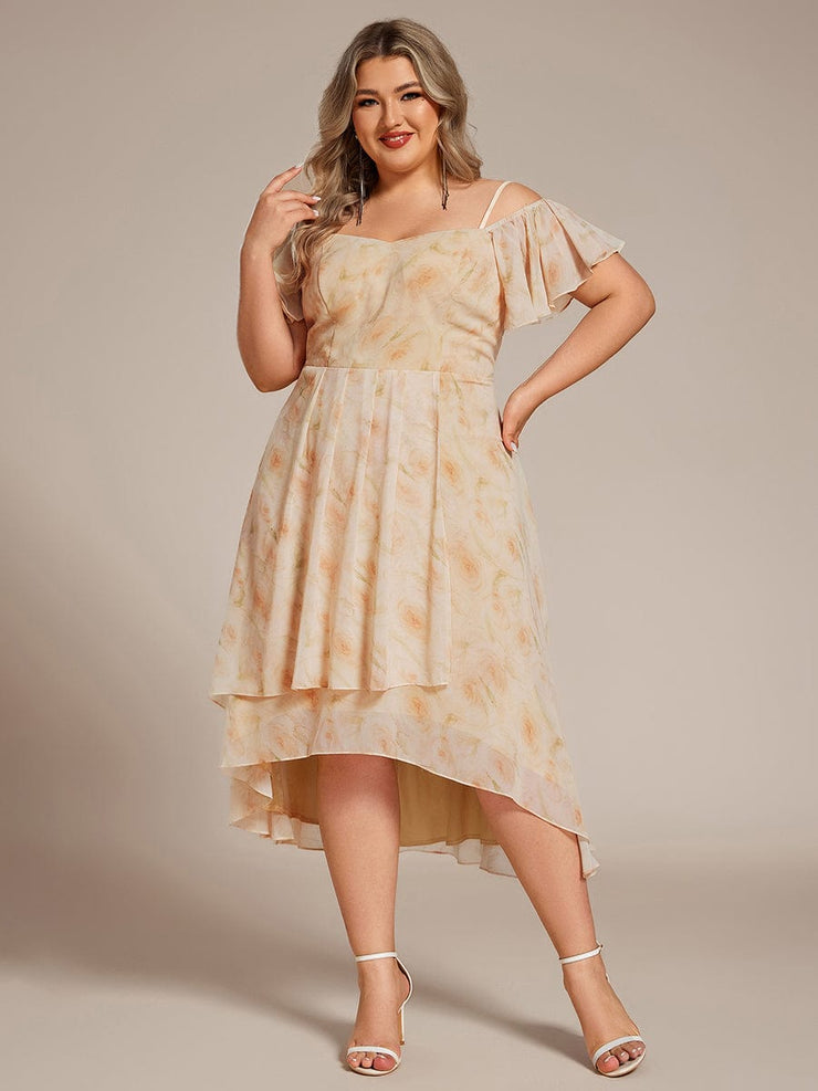 Plus Size Off-Shoulder High-Low Chiffon Wedding Guest Dresses with Short Sleeves