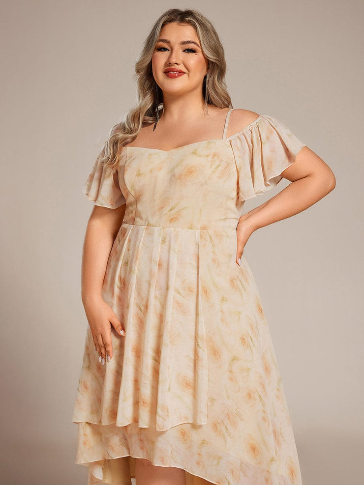 Plus Size Off-Shoulder High-Low Chiffon Wedding Guest Dresses with Short Sleeves