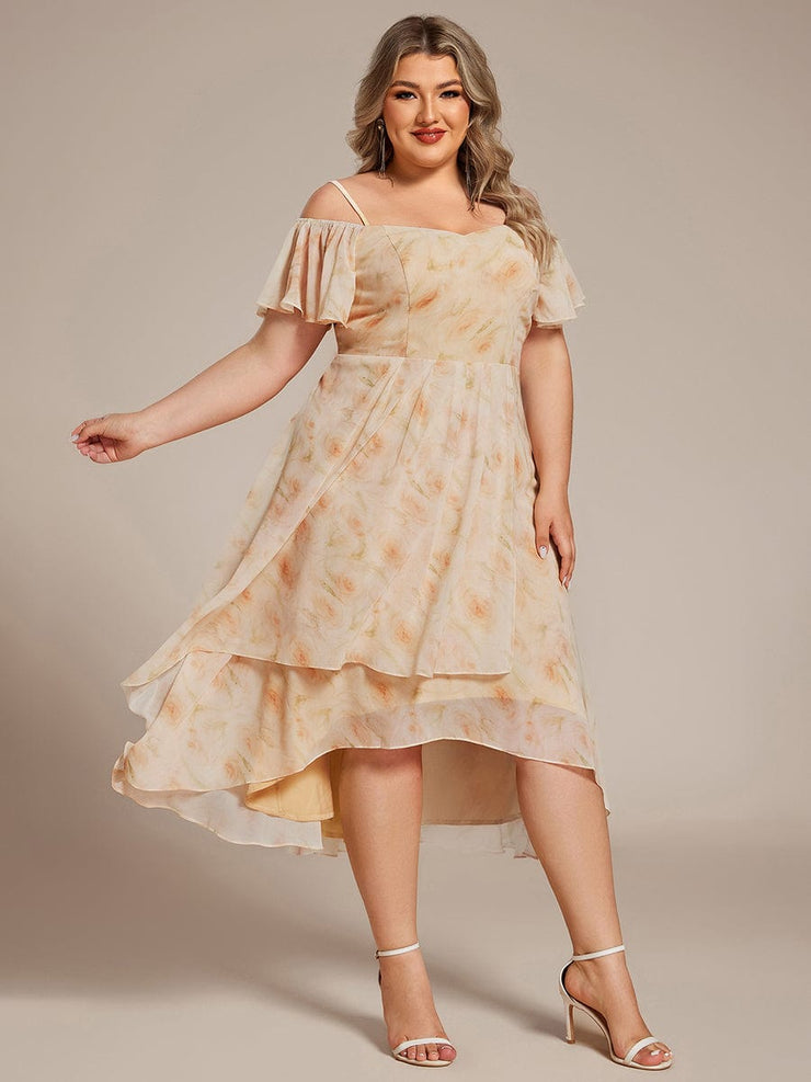 Plus Size Off-Shoulder High-Low Chiffon Wedding Guest Dresses with Short Sleeves