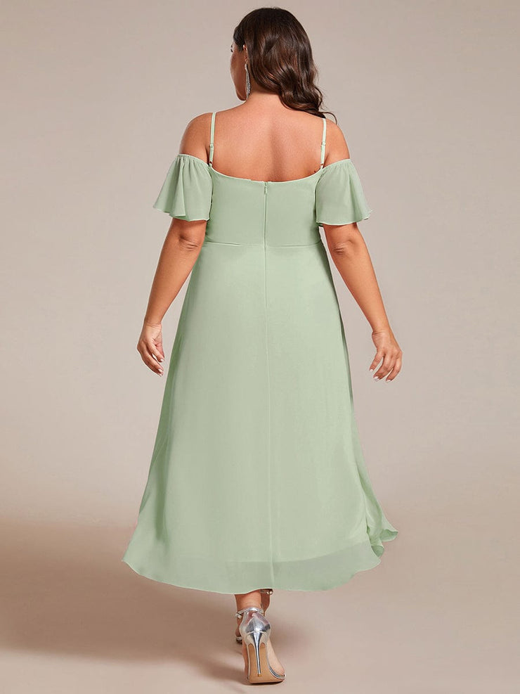 Plus Size Off-Shoulder High-Low Chiffon Wedding Guest Dresses with Short Sleeves