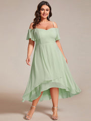 Plus Size Off-Shoulder High-Low Chiffon Wedding Guest Dresses with Short Sleeves