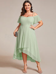 Plus Size Off-Shoulder High-Low Chiffon Wedding Guest Dresses with Short Sleeves